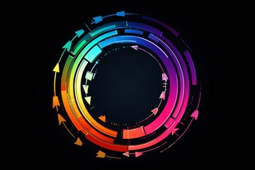 Colorful circular graphic with arrows and bubbles in a dark background