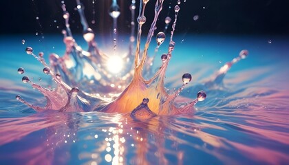 Wall Mural - a colorful abstract splash of water droplets against a dark background, with a central focal point o