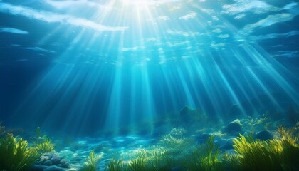 Wall Mural - underwater aquatic fresh water ecosystem with blue water and sunlight rays trough water surface anime background illustration