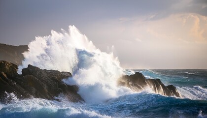  a powerful ocean wave crashes onto the rocky picture