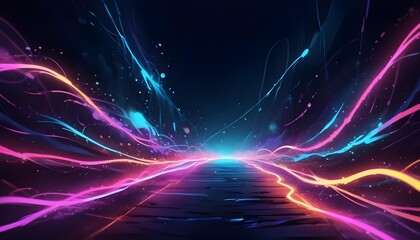Wall Mural - A futuristic, abstract landscape with vibrant, colorful light trails and glowing particles against a dark background, creating a sense of motion and energy
