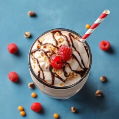 Wall Mural - dessert, food, cream, glass, sweet, ice, chocolate, drink, cold, milk, fruit, delicious, pink, strawberry, white, isolated, milkshake, cup, cocktail, beverage, ice cream, cherry, yogurt, fresh, sundae