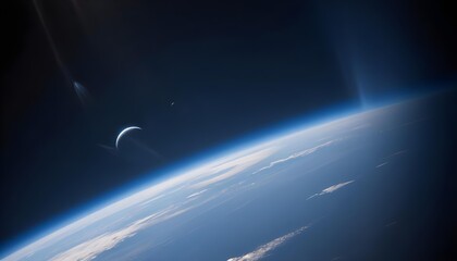 Wall Mural - A view of the Earth's atmosphere and horizon from space, with a crescent moon visible in the distance