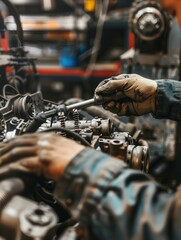 Poster - A mechanic is using a computer to diagnose issues while conducting engine repairs in an auto repair shop. Generative AI