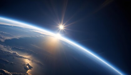 Wall Mural - bright sun shining over the earth's atmosphere, with a blue sky and clouds visible