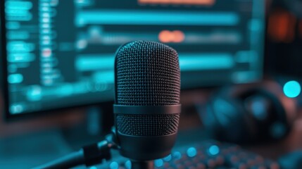 A close-up of a professional studio microphone against a backdrop of bright, colorful screens and soft blue lighting, representing modern technology and audio production.