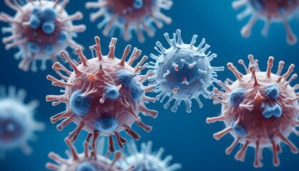 Wall Mural - Microscopic view of virus particles with spikes on a blue background