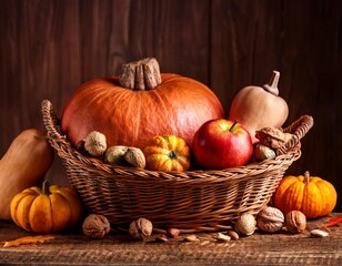 Thanksgiving day still life, background with empty copy space. Pumpkin harvest in wicker basket. Squash, vegetable autumn fruit, apples, and nuts on a wooden table. Halloween decoration fall design