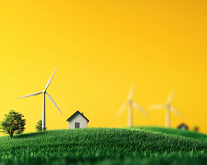 a wind farm with a house and two wind turbines. the image has a peaceful and serene mood, with the w