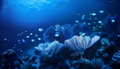 Wall Mural - underwater bioluminescent creatures illuminating coral reef deep blue