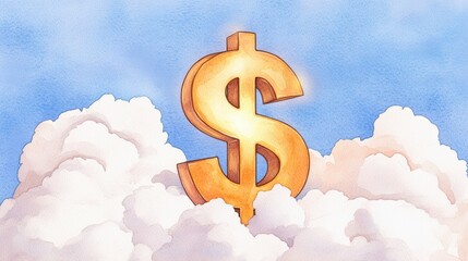 A vibrant illustration of a golden dollar sign emerging from fluffy clouds against a blue sky, symbolizing wealth and prosperity.