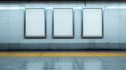 A clean and minimalist subway setting featuring three blank posters on a tiled wall, with a distinctive yellow floor line, ready for advertisement placement.