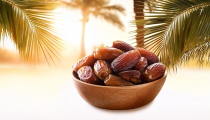 dates in a wooden bowl under palm trees