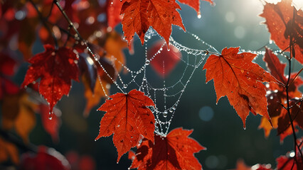 A single red maple leaf clings to a glistening spider web in the early morning light.
