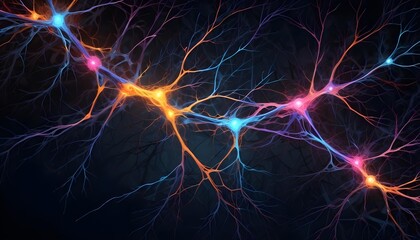 Wall Mural - colorful neural network with glowing synapses and neurons against a dark background