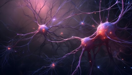 Wall Mural - Neurons firing with glowing synapses and electrical impulses in a dark, abstract background