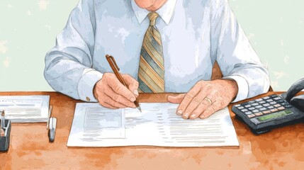 A professional reviewing documents with a pen in hand at an office desk, conveying focus and attention to detail.