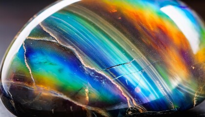 Wall Mural - close up of smooth polished labradorite stone with iridescent colors and fractured texture for geology studies and collectibles