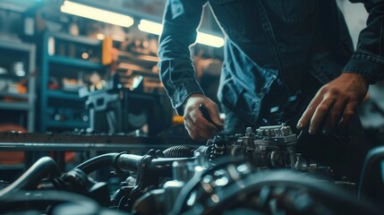 Fototapete - A skilled mechanic conducts a computer diagnosis on a car while working on intricate engine repairs in a professional garage. Generative AI