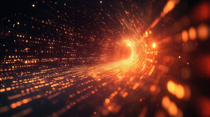 Wall Mural - Futuristic Data Tunnel with Glowing Orange Lights Representing Digital Connection and High-Speed Internet