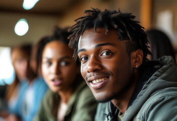 Black smiling guy looking at the camera. Participants in a challenge look directly into the camera