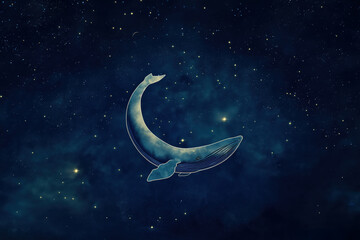 Wall Mural - A whale is flying through the sky above a starry background