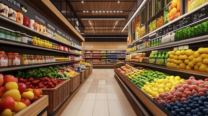 A vibrant and colorful supermarket aisle filled with fresh produce and packaged goods.