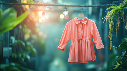 A pink dress hanging on a clothesline in a lush green forest. The dress is hanging upside down, and the lights in the background create a warm and inviting atmosphere