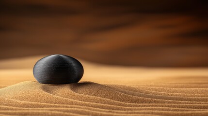 Poster - A single, smooth black stone rests atop a mound of soft, tan sand. The muted tones create a sense of tranquility.