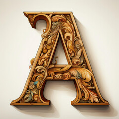 Symbol of letter A, Carved wooden texture isolated on white background