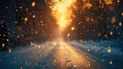 Wall Mural - Winter road in snowfall. Bright sunlight, cold weather. Bokeh background.