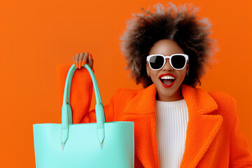 A woman is holding a green purse and wearing an orange coat. She is smiling and she is happy