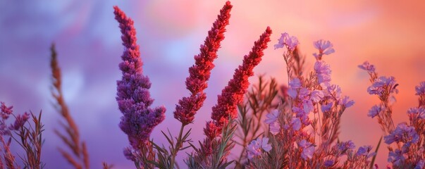 Wall Mural - Wildflowers in a colorful sunset, close-up