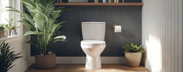 Wall Mural - Small bathroom with white walls, dark accent wall, and wooden elements featuring plants and wicker baskets