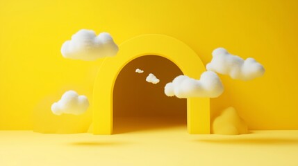 Poster - A Playful 3D Scene Featuring Yellow Arch and Clouds