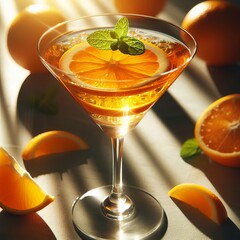 A citrus-colored drink served in a martini glass