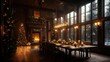© Dumrongkait - A large dining room with a Christmas tree and a fireplace. The room is decorated with lights and candles, creating a warm and cozy atmosphere. The table is set with plates, glasses, and utensils