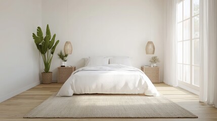 Wall Mural - A bedroom with a white bed, white nightstands, and a large window. The room is very clean and organized, with a rug on the floor and a potted plant in the corner. The overall mood of the room is calm