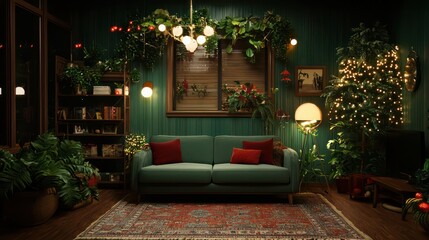 Wall Mural - A green living room with a Christmas tree and a couch. The room is decorated with Christmas lights and plants