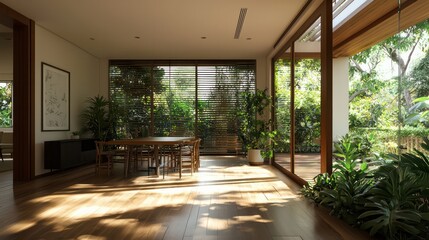 Wall Mural - A large open living room with a wooden floor and a table with chairs. The room is filled with plants and has a bright, sunny atmosphere