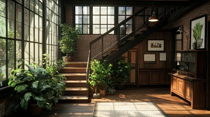 Wall Mural - A large room with a staircase and a wooden floor. The room is filled with plants and has a warm, inviting atmosphere