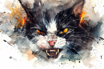 Wall Mural - A cat with a fierce look on its face and red eyes