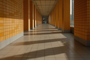 Wall Mural - A bright and spacious hallway featuring orange tiled walls, geometric patterns, and soft shadows across the floor.