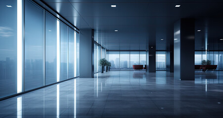 Sticker - Office building interior with long hall and doors. Empty office corridor with lamps and glass decorations.