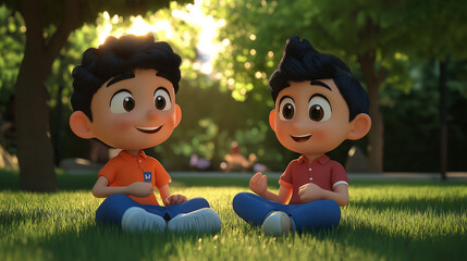 Two animated boys smiling at each other, sitting on green grass.