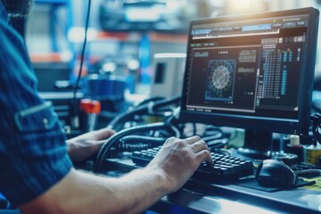 Fototapete - A mechanic conducts a computer diagnosis on a car while working on engine repairs in a bustling garage filled with tools and equipment. Generative AI