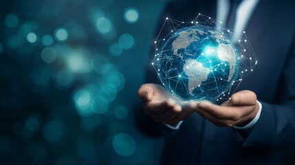 A businessman holds a glowing, digital globe in his hands, representing global connectivity and technological advancement.