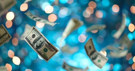 Hundred Dollar Bills Falling in Blue Bokeh Lights Abstract Money Background