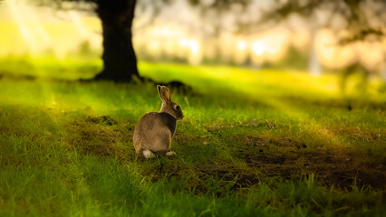 A wild native young rabbit eats and grooms grass on a summer morning in Iceland, Reykjavik. The rabbit looks in the grass. Horizontal. Cute rabbit in the pine trees