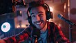 © Aytaj - One man caucasian male blogger or vlogger gesticulating while streaming video podcast in broadcasting studio use microphone and headphones famous influencer shooting video for channel podcast